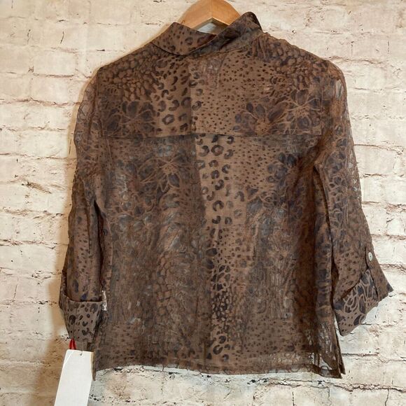 Ruby Rd. Top Womens 12 Petite Brown Floral Burnout Button Up Semi Sheer Roll Tab - Picture 3 of 14